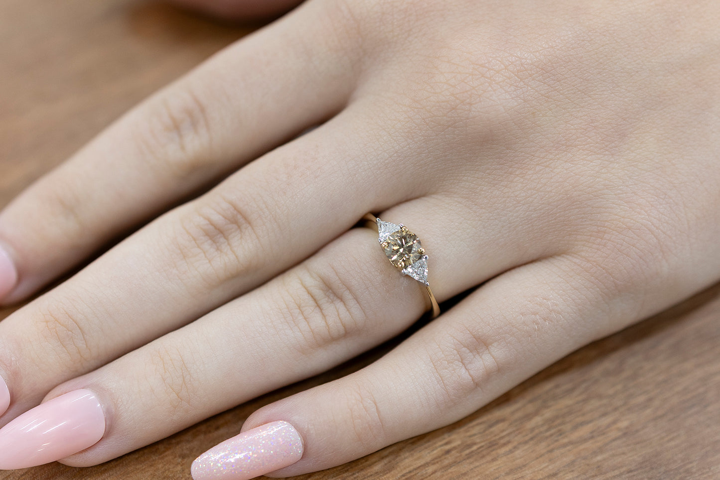 Engagement Ring 0.72ct Champagne 2 Trilliants