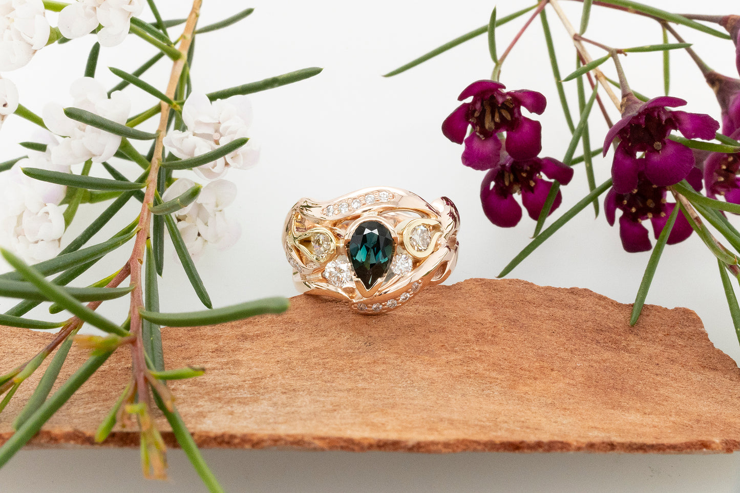 Australian Sapphire, Champagne & White Diamond Ring