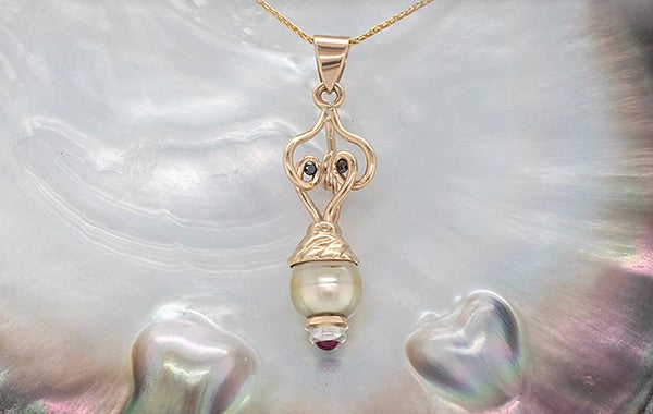 Pearl Diamond & Cabachon Ruby Pendant 9Y