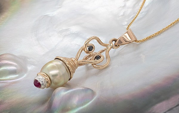 Pearl Diamond & Cabachon Ruby Pendant 9Y