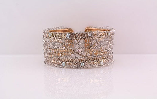 French Knitted Pink Diamond & Keshi Cuff