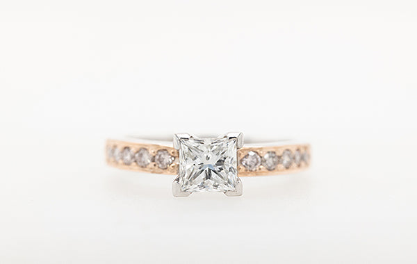 Engagement Ring 0.70ct Princess Cut & Pink Champagne Diamonds
