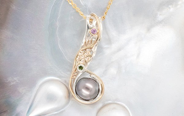 Abrolhos Pearl, Green Diamond & Pink Sapphire Pendant