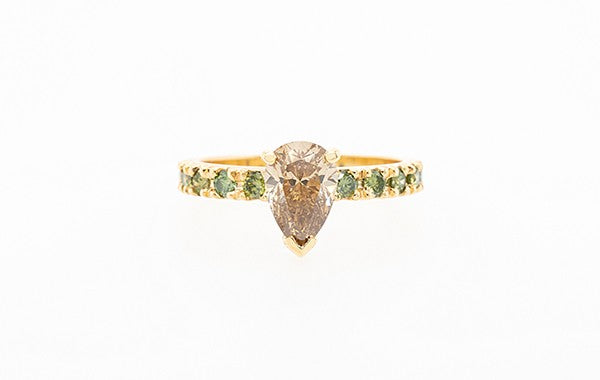 Champagne Pear & Green Diamond Ring