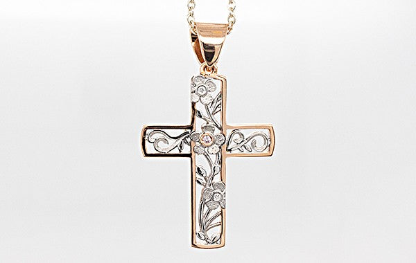 Cross Pendant Pink Dia Flower Detailing18R/W