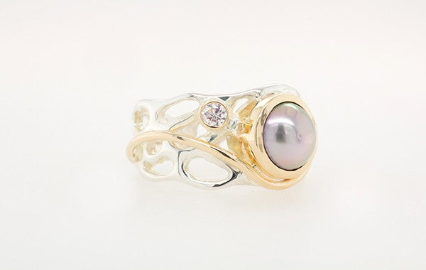 Pearl & Diamond Coral Ring