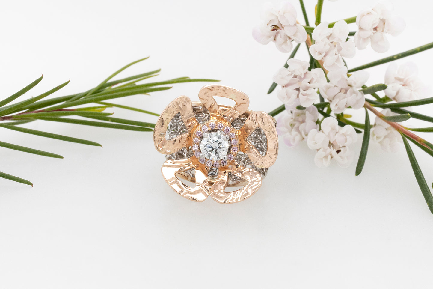 Pink Diamond Knitted Geraldton Wax Flower Ring
