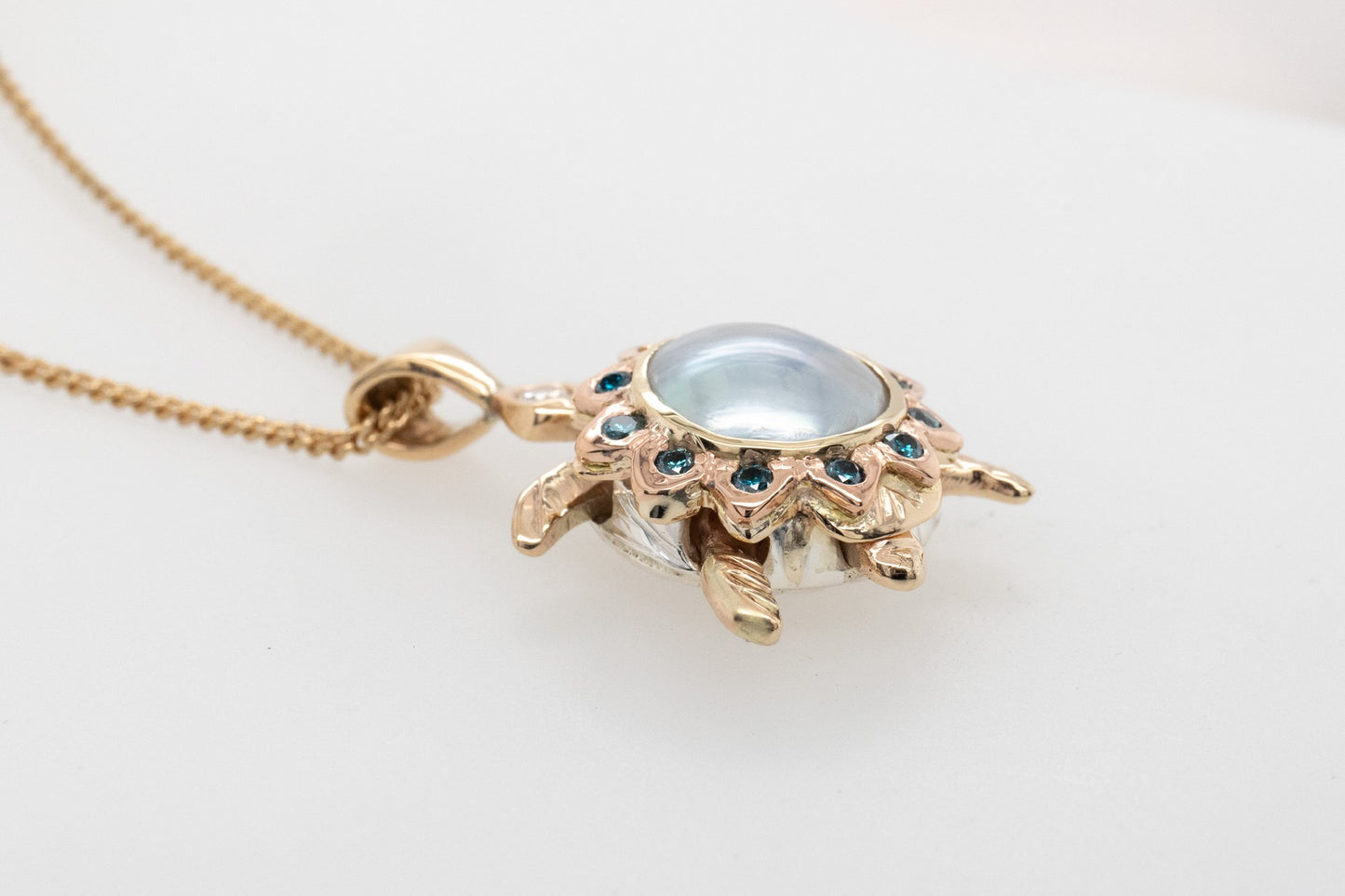 Baby Turtle Pendant with Mabe & Blue Diamonds. Articulated.