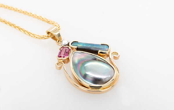 Mabe Pear, Opal, Tourmaline, and Diamond Pendant
