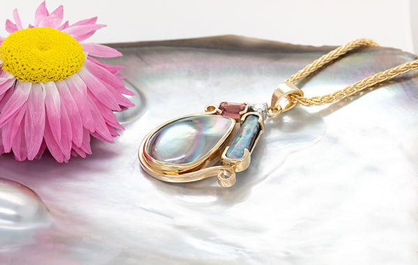 Mabe Pear, Opal, Tourmaline, and Diamond Pendant