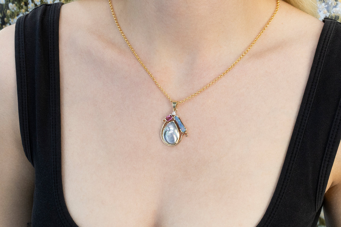 Mabe Pear, Opal, Tourmaline, and Diamond Pendant