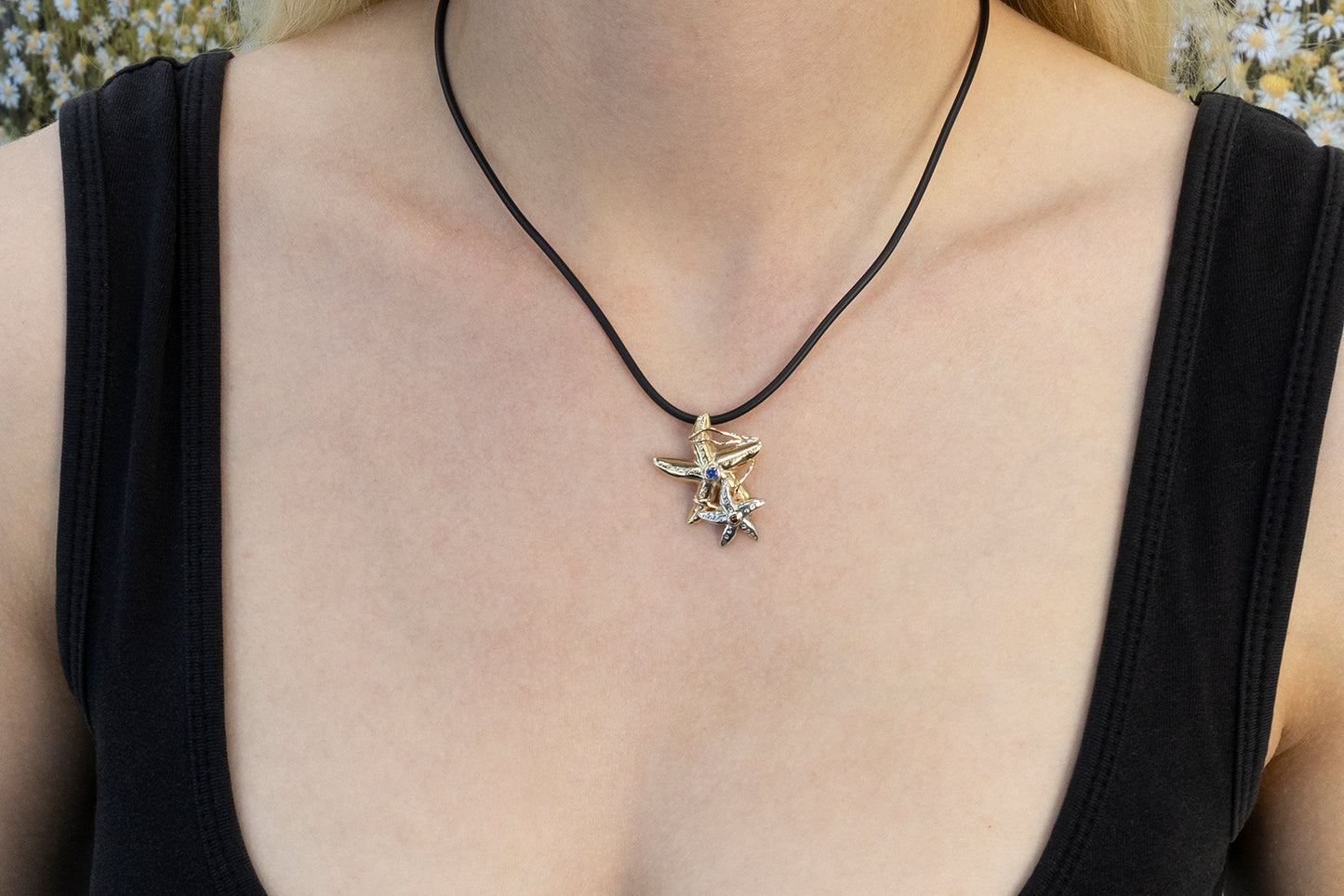 Starfish 3-Tone Sapphire Champagne Diamond Pendant