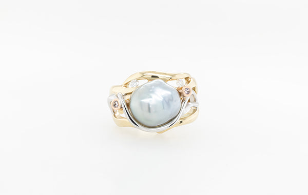 Pearl, White and Pink Diamond Swirl Ring
