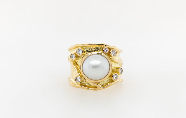 South Sea Pearl, Pink and White Diamond Molten Ring