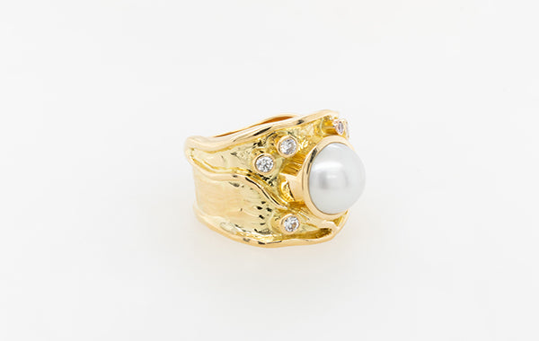 South Sea Pearl, Pink and White Diamond Molten Ring