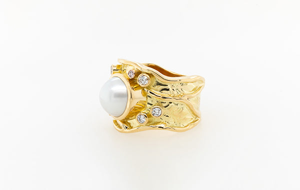 South Sea Pearl, Pink and White Diamond Molten Ring