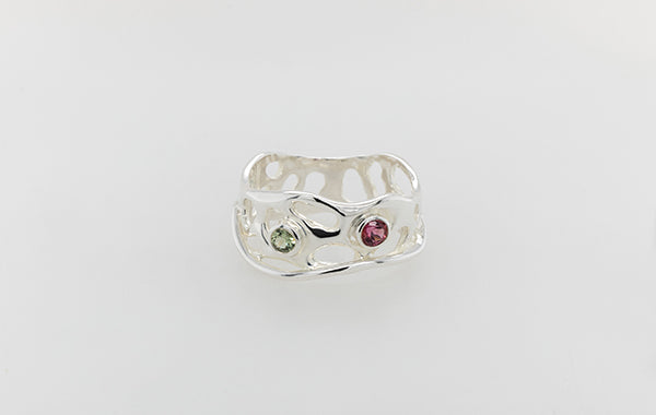 Coral, Pink Tourmaline & Green Sapphire Ring