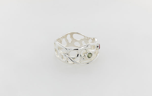 Coral, Pink Tourmaline & Green Sapphire Ring