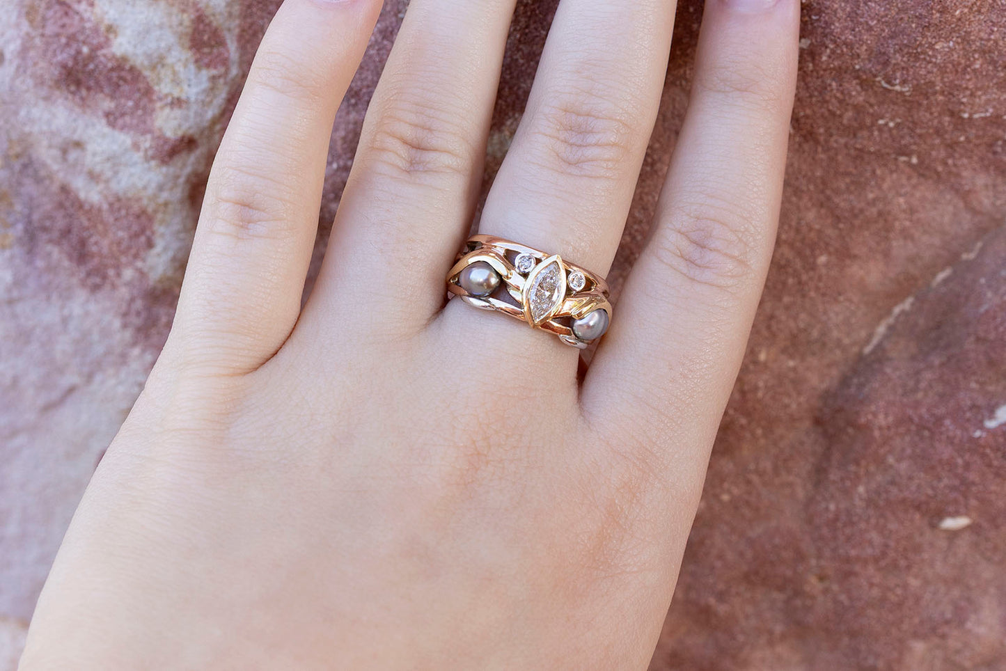 Marquise Diamond and Keshi Pearl Ring