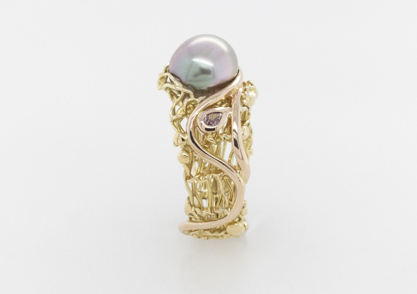 French Knit Pink & White Diamond Pearl Ring