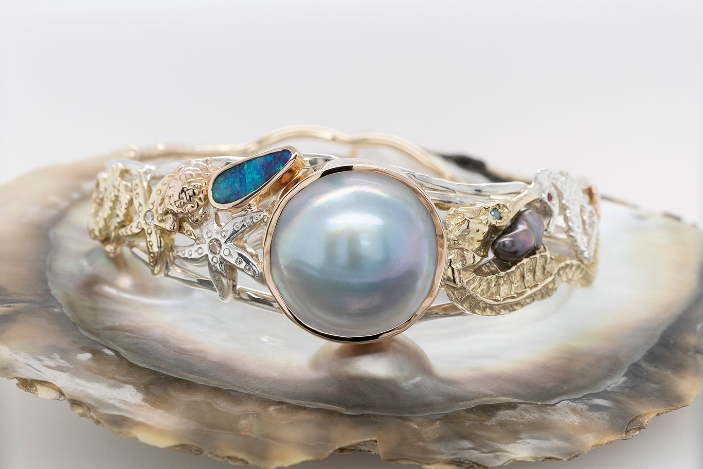 Undersea Opal, Pearl & Diamond Bangle