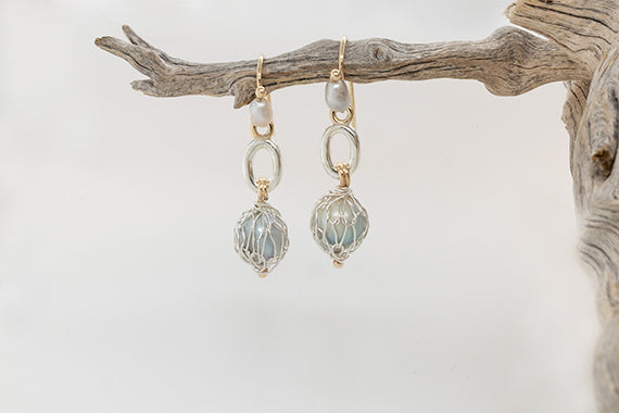 French Knitted Pearl Earrings Two Tone With Link