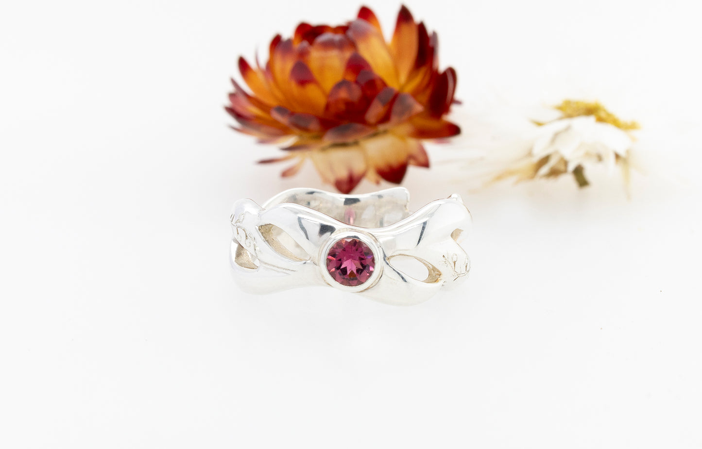 Geraldton Wax Bud Hand Engraved Pink Tourmaline Ring SS