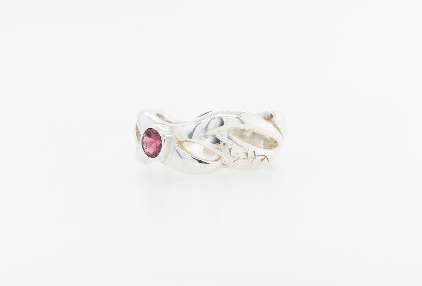 Geraldton Wax Bud Hand Engraved Pink Tourmaline Ring SS