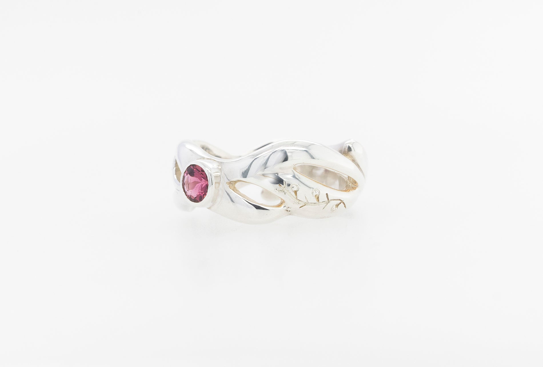 Geraldton Wax Bud Hand Engraved Pink Tourmaline Ring SS