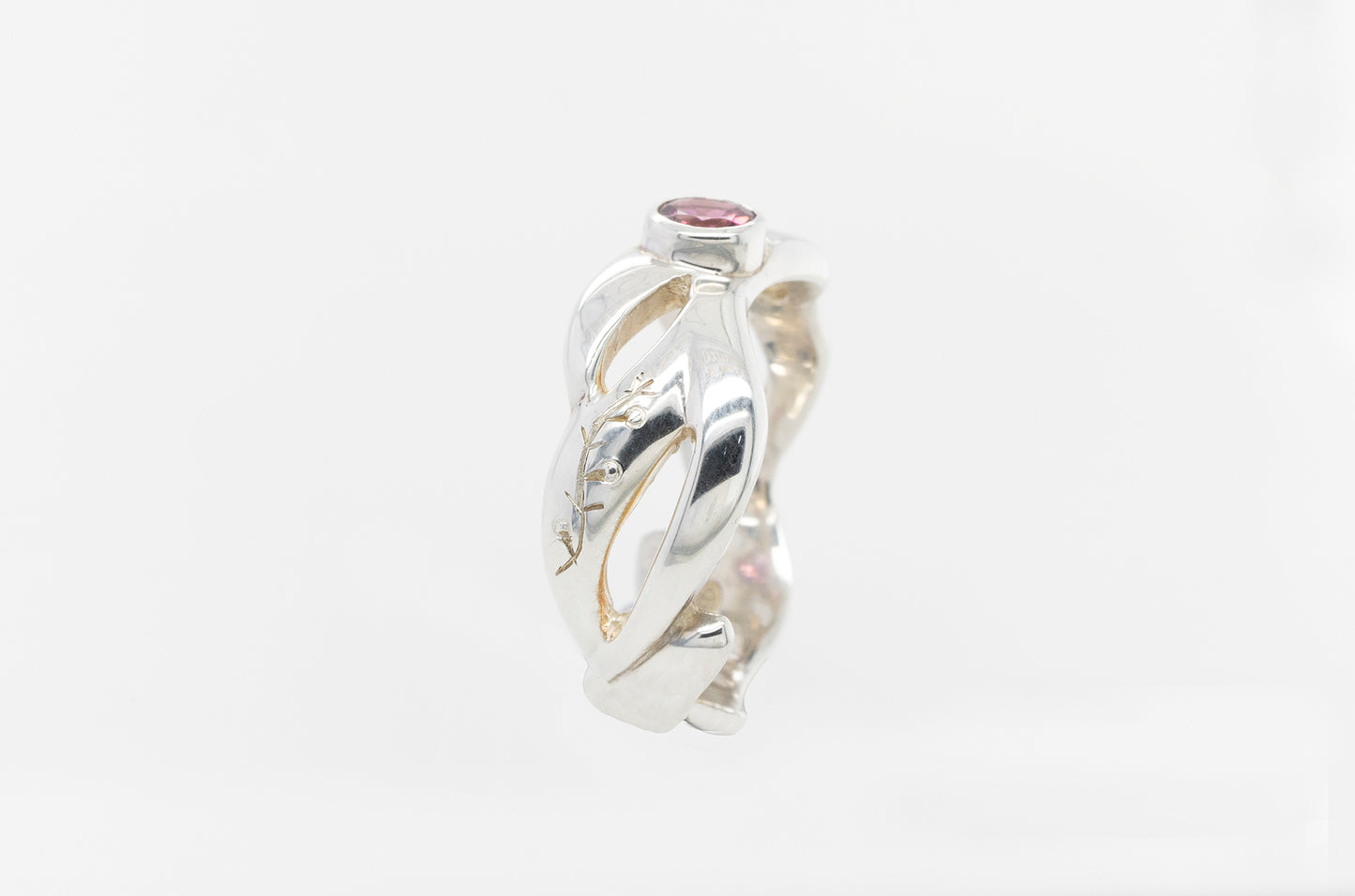 Geraldton Wax Bud Hand Engraved Pink Tourmaline Ring SS