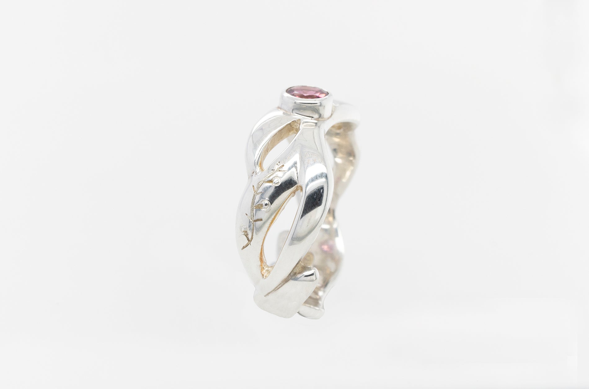 Geraldton Wax Bud Hand Engraved Pink Tourmaline Ring SS