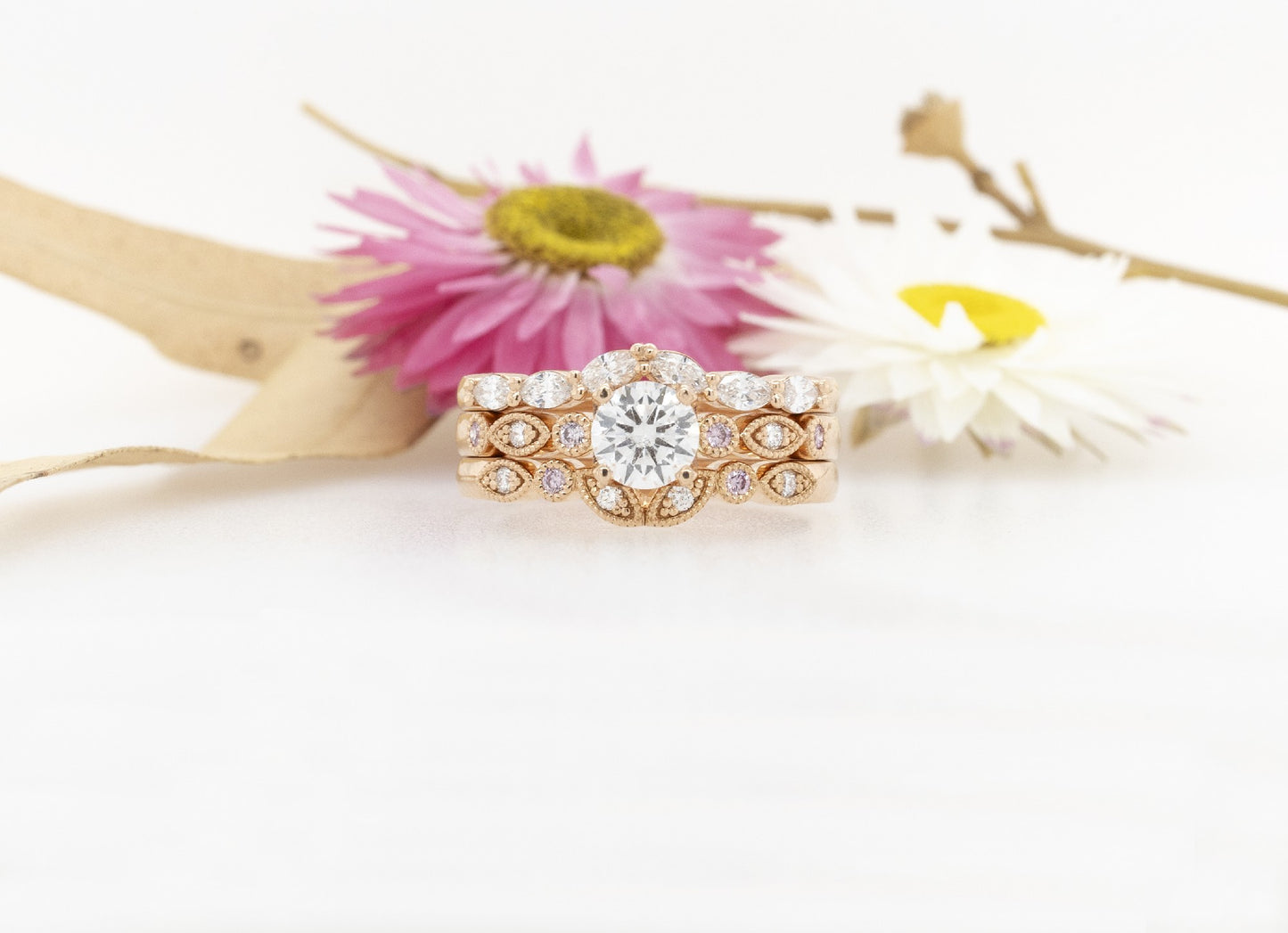 Pink & White Diamond Milgrain Engagment Ring 18RG