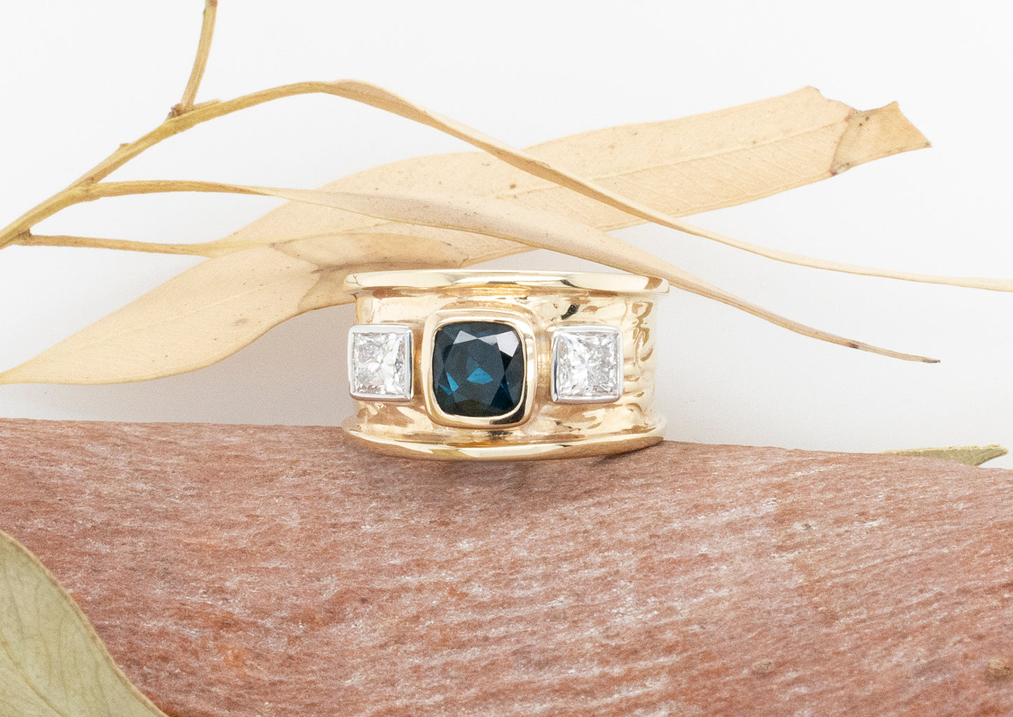 Sapphire Cushion & White Diamonds Embossed Ring