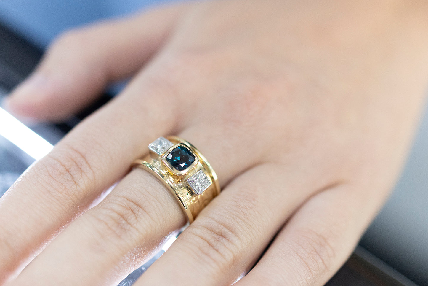 Sapphire Cushion & White Diamonds Embossed Ring