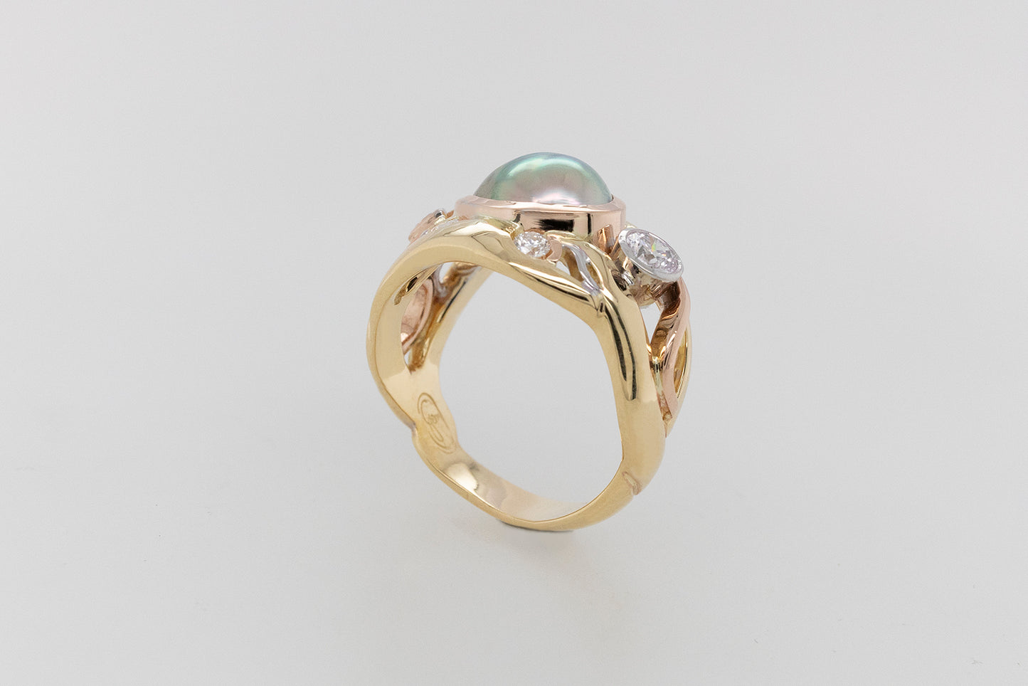 Rainbow Pearl Ring with Pink & White Diamonds