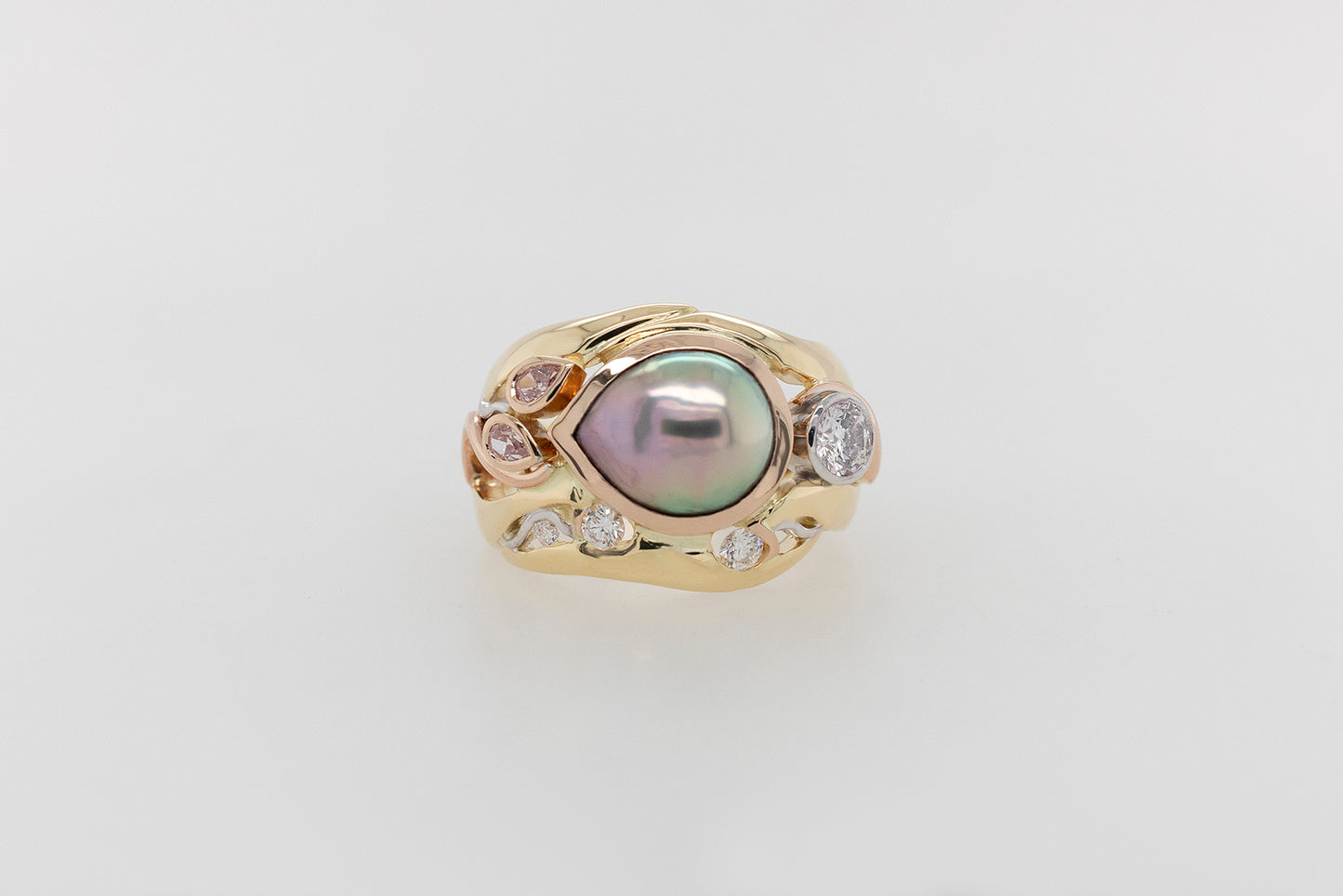 Rainbow Pearl Ring with Pink & White Diamonds