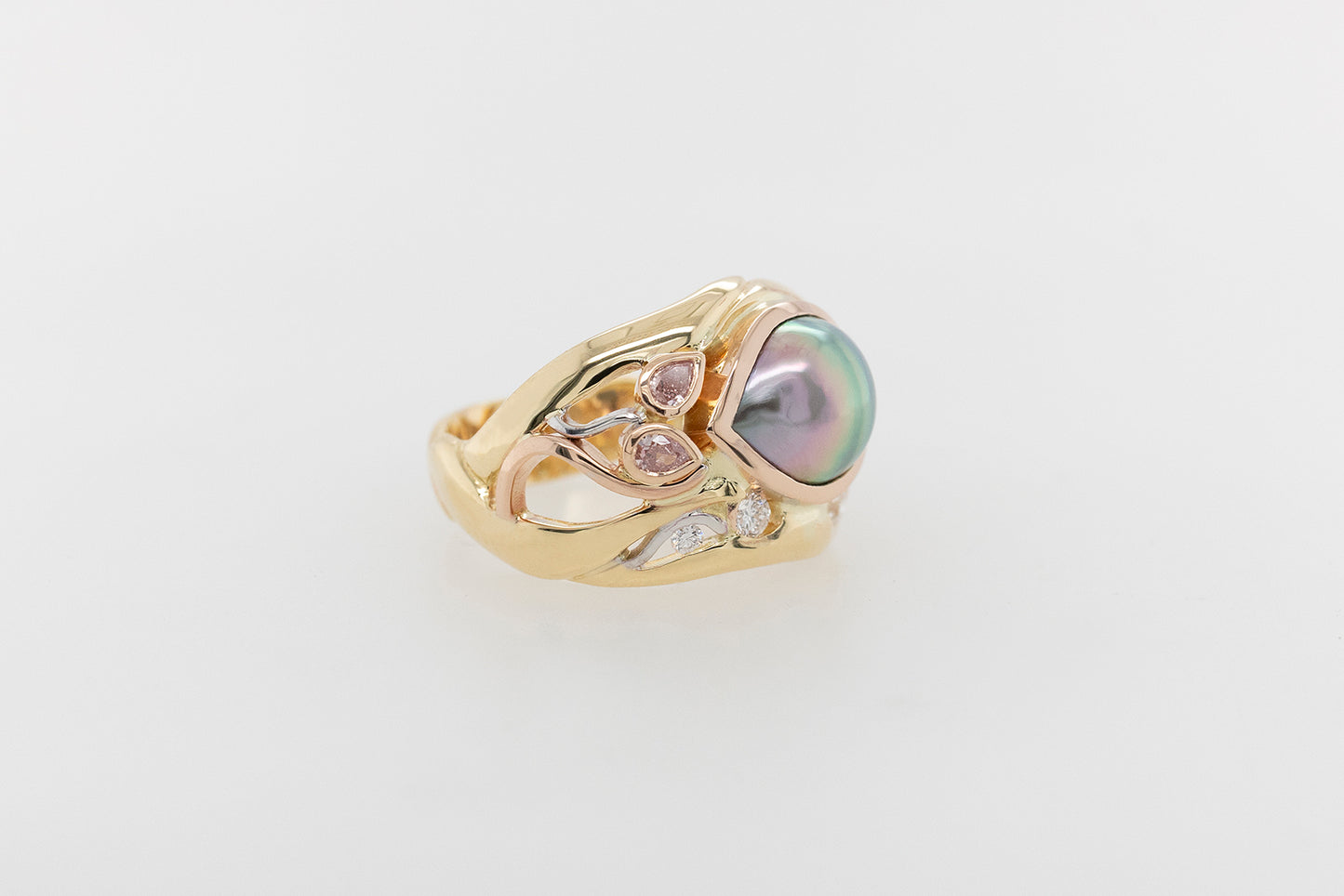 Rainbow Pearl Ring with Pink & White Diamonds