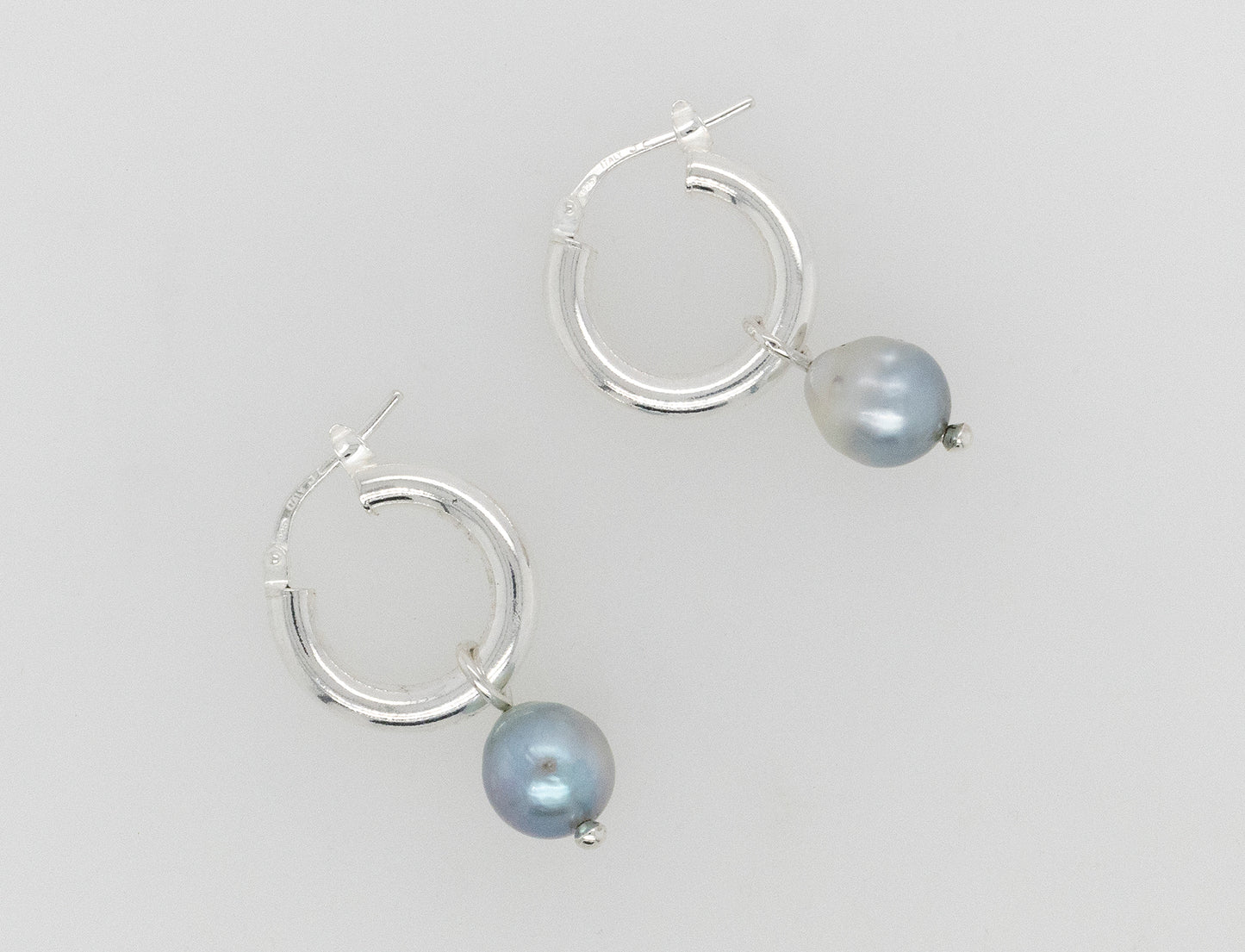 Light Blue Pearl Silver Hoop Earrings