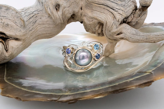 Pearl & Blue Coloured Stone Vine Ring