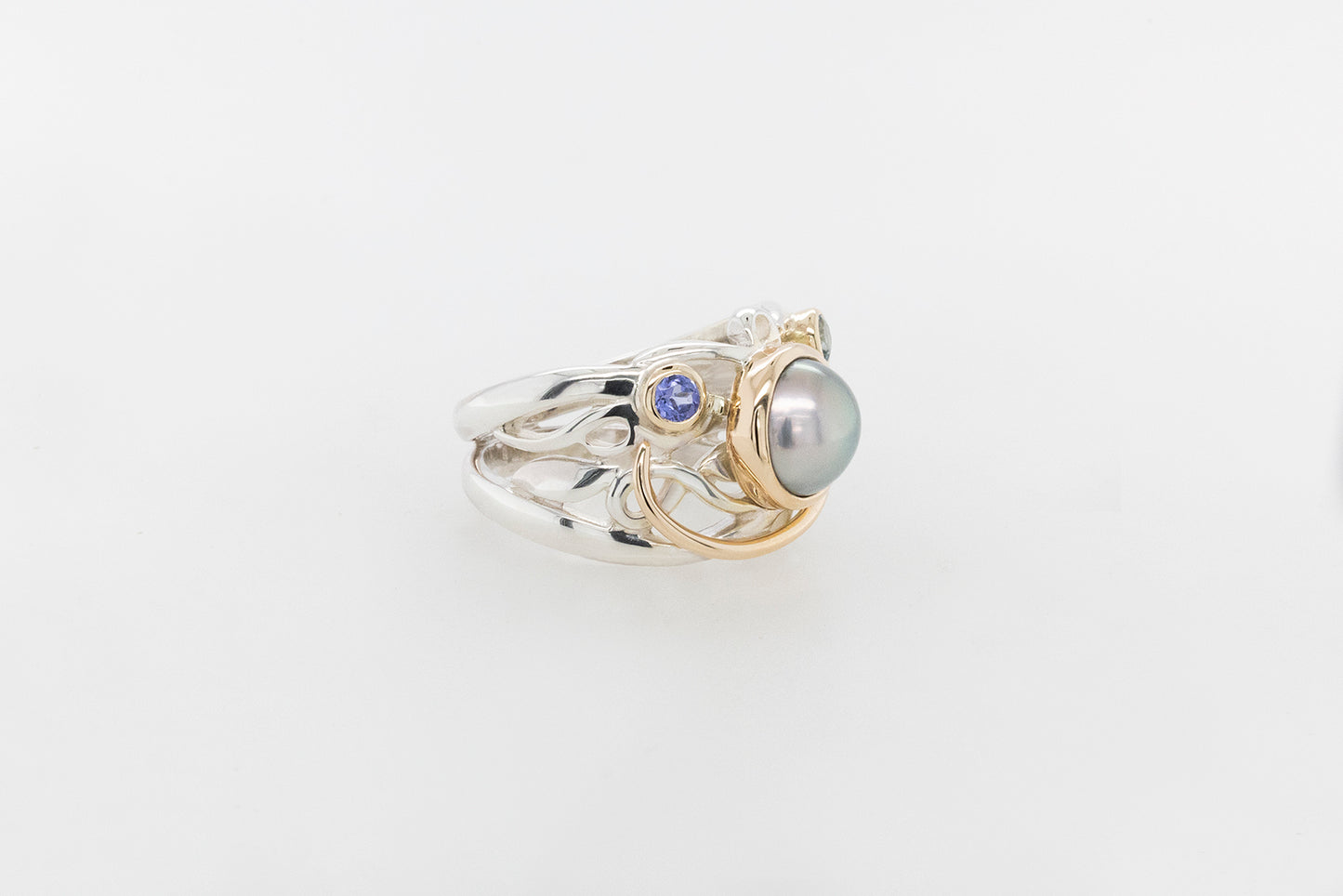 Pearl & Blue Coloured Stone Vine Ring