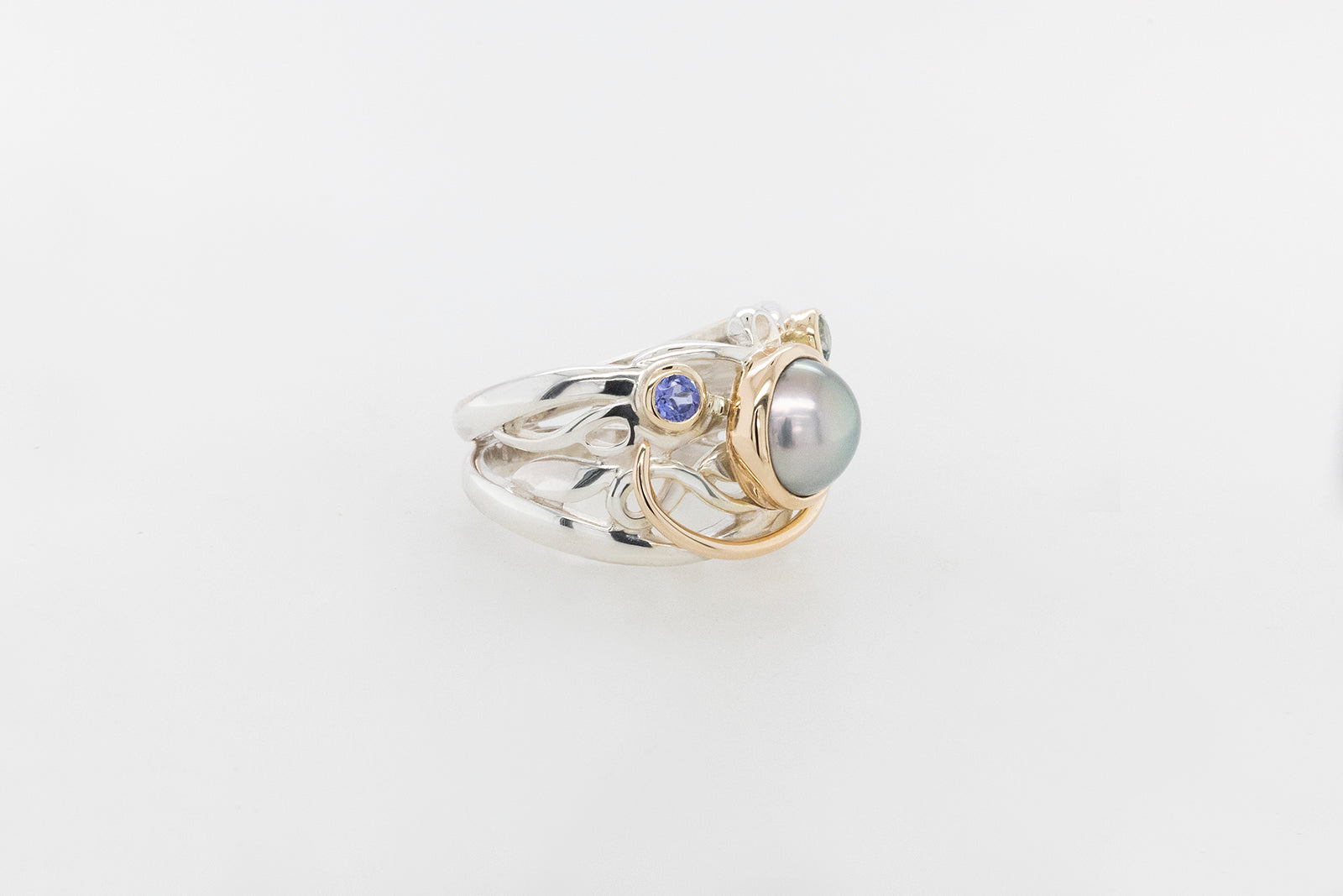 Pearl & Blue Coloured Stone Vine Ring