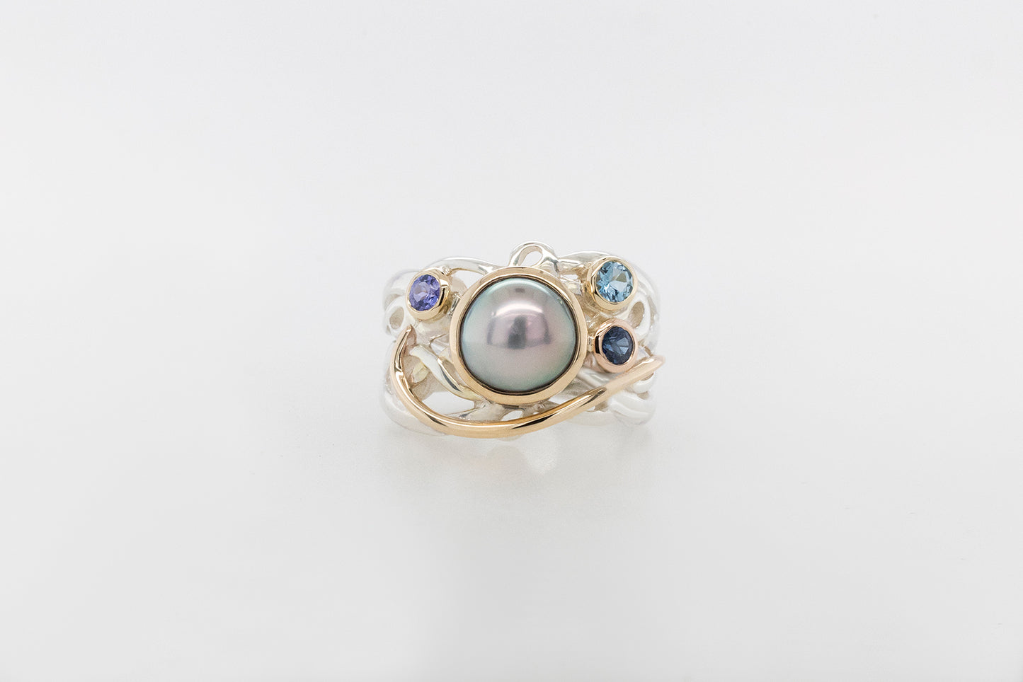 Pearl & Blue Coloured Stone Vine Ring