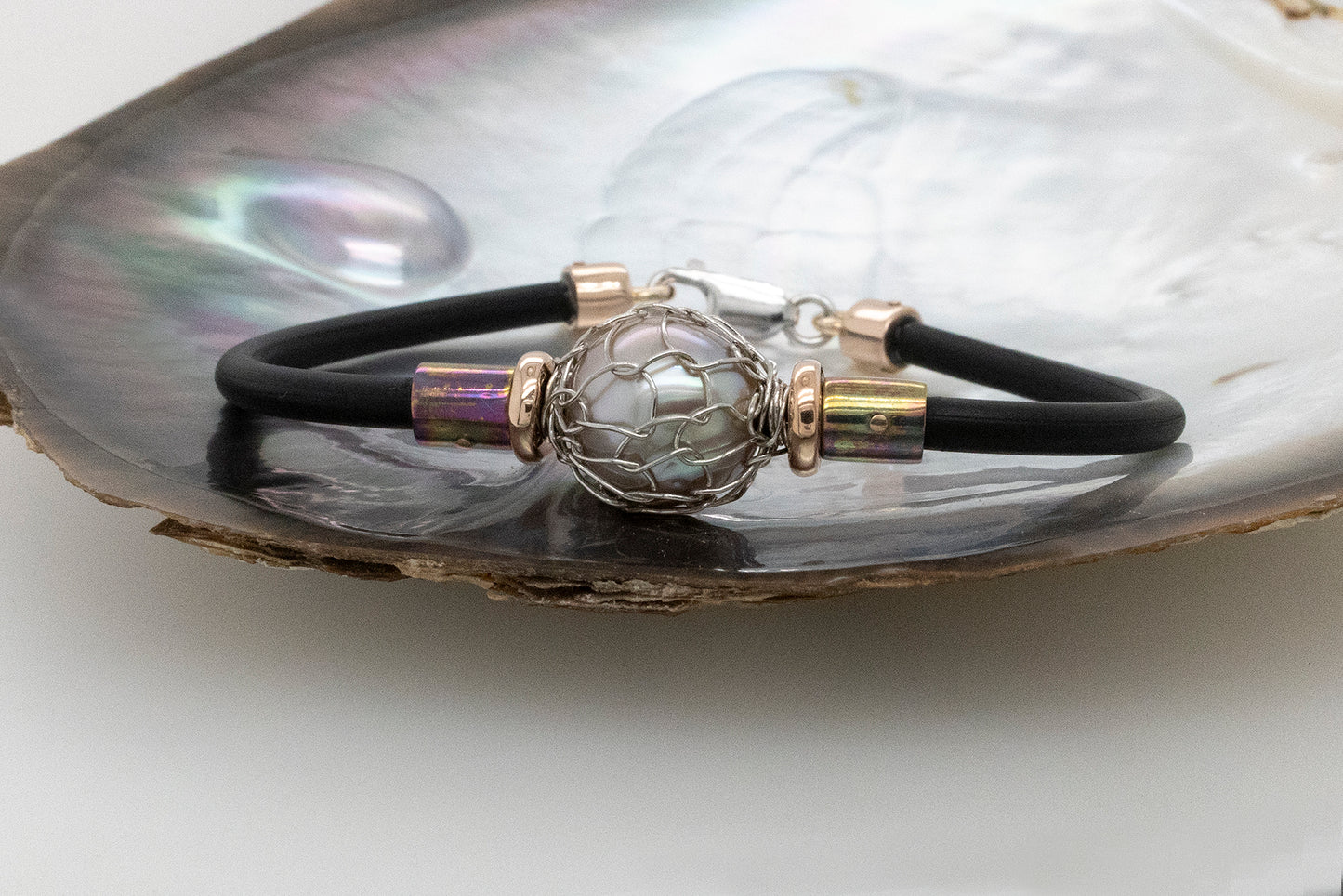 Knitted Pearl, Titanium and Platinum Neoprene Bracelet