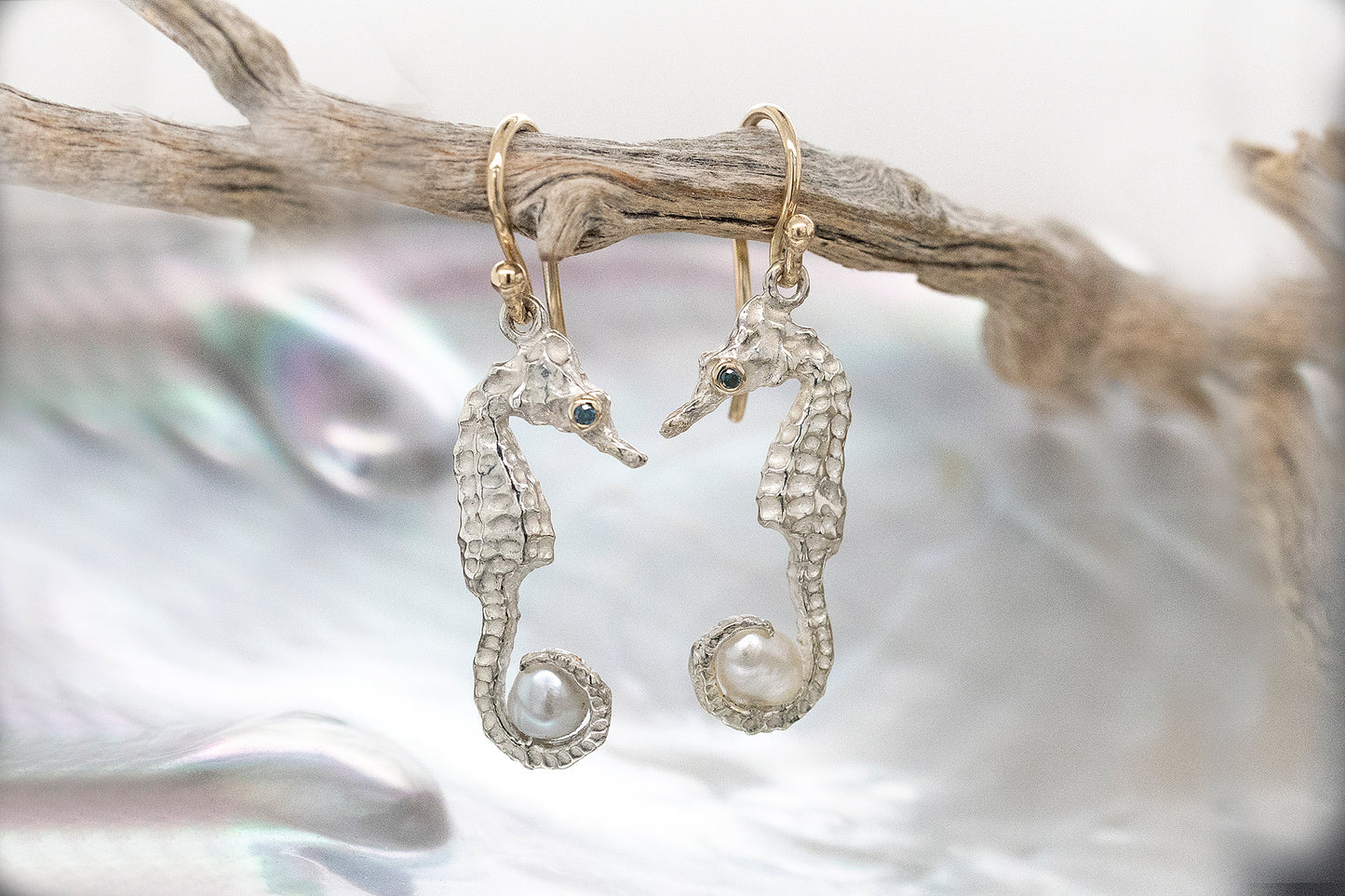 Blue Diamond and Abrolhos Keshi Pearl Baby Seahorse Earrings