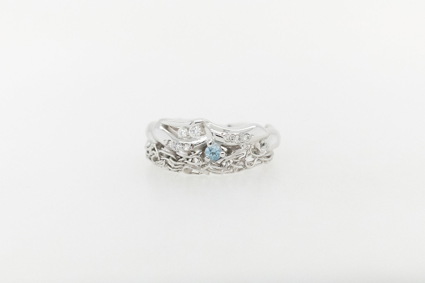 French Knitted Aquamarine and Diamond Ring