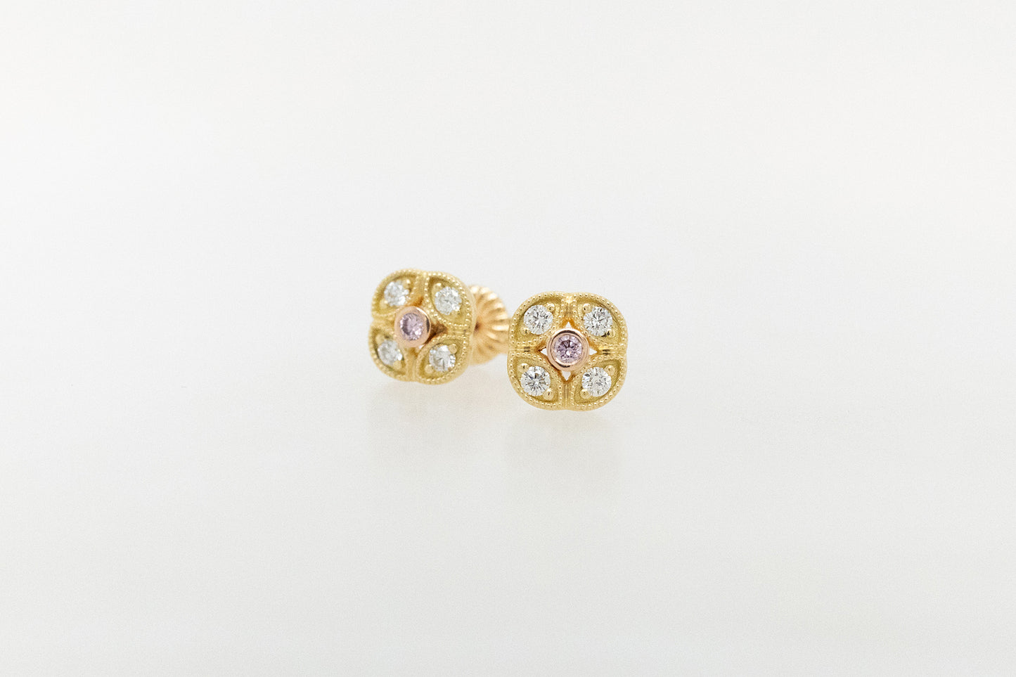 White and Pink Diamond Milgrain-Set Stud Earrings