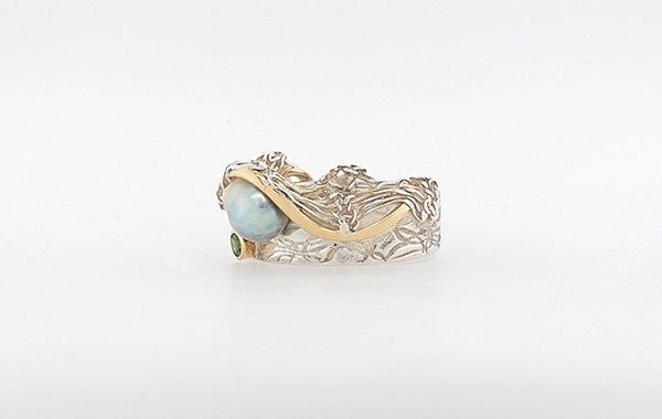 Knitted Fine Silver Green Garnet & Keshi Ring 18Y SS