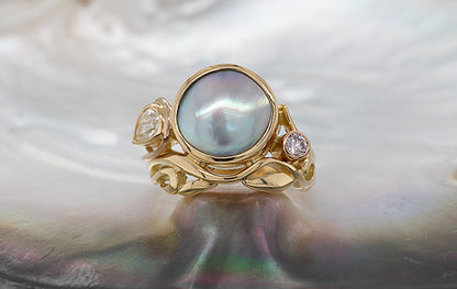 Mabe Pearl, Pink Diamond & Pear Diamond Ring