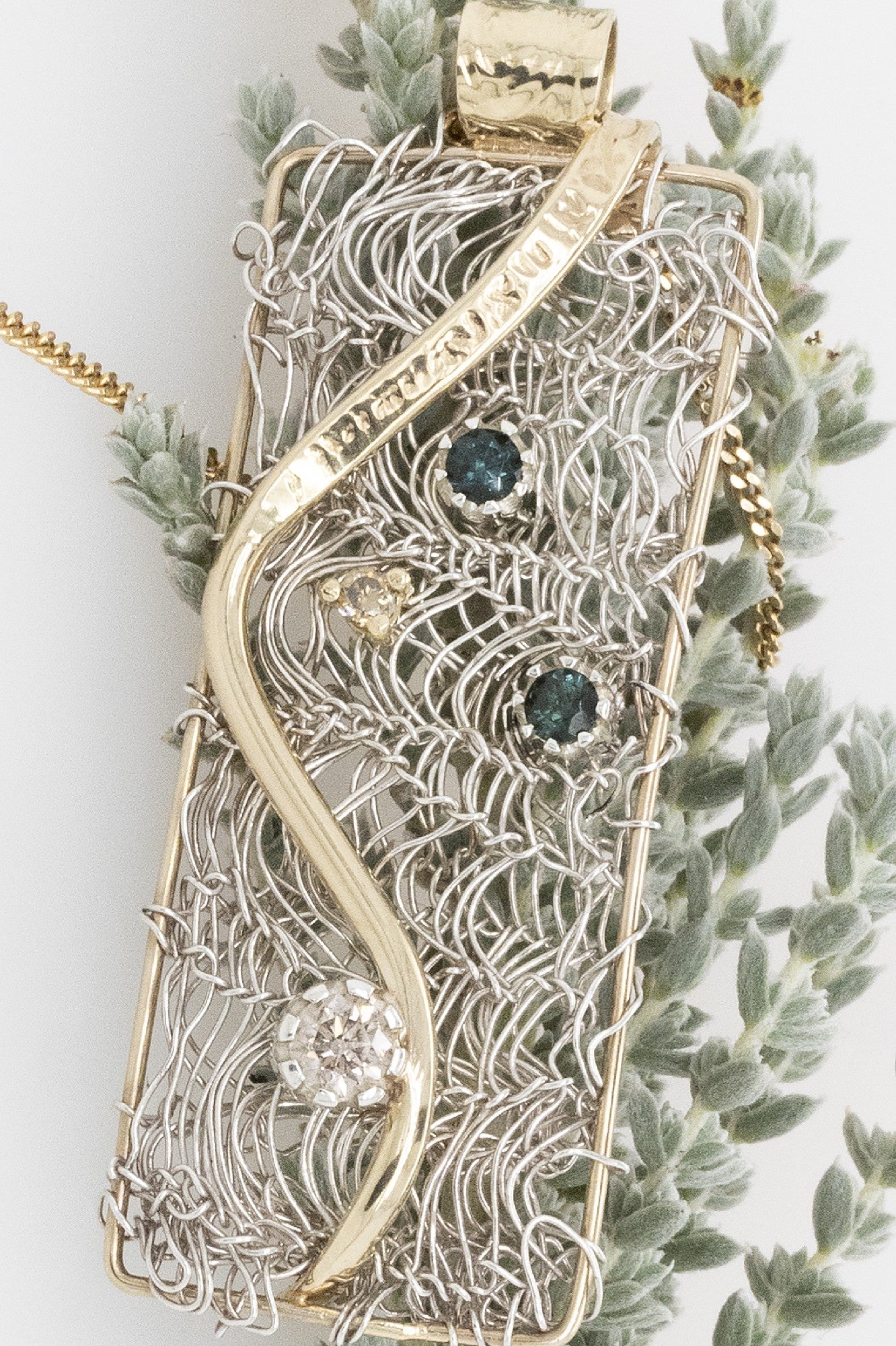 Knitted Pendant Teal Tourmaline, Champagne Diamond 