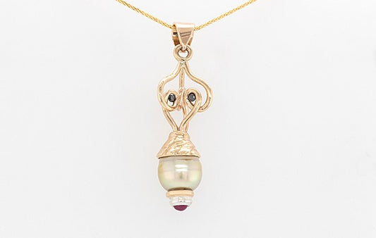 Pearl Diamond & Cabachon Ruby Pendant 9Y